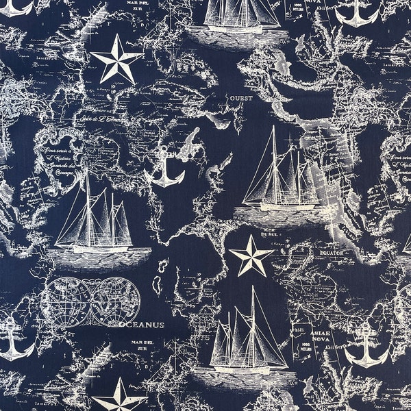 Navy nautical map with boats Fabric by the yard 100% cotton for clothing ,crafts and quilting ,bty, 1/2 ,1/4 ,fat quarter