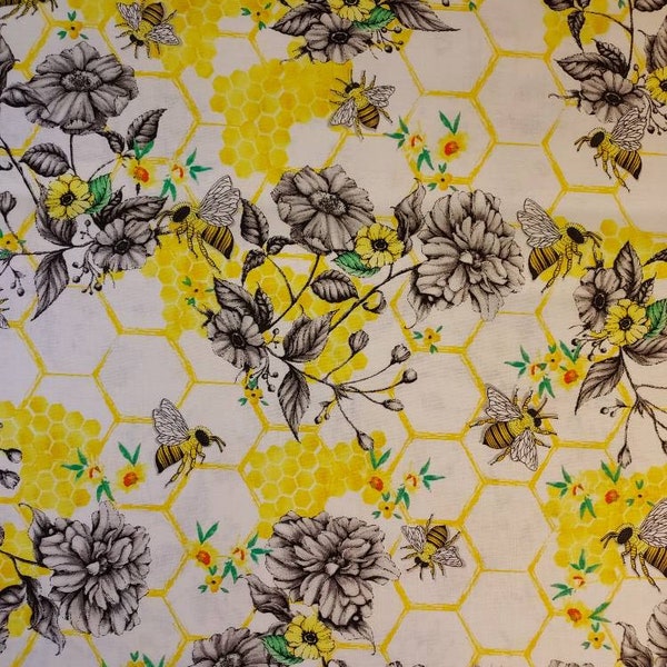 Queen Bee Honey comb Floral Premium Cotton Fabric  by the yard 100% cotton for clothing ,crafts and quilting