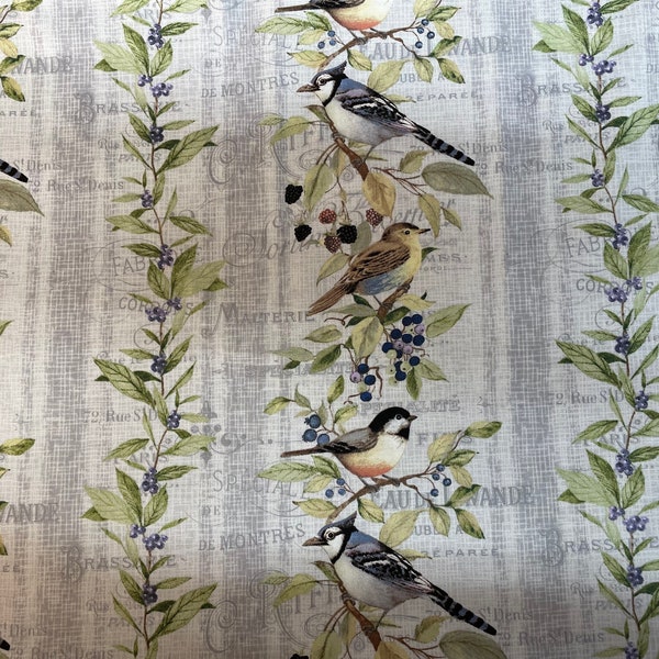 winter Birds with stripes Premium Cotton Fabric 100% cotton for clothing ,crafts and quilting. 1/4 yd.