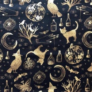 Halloween Icons Gold Metallic on Black Cotton Quilting Fabric 100% cotton for clothing ,crafts and quilting B.T.Y.3/4,1/2,1/4,fat quarter
