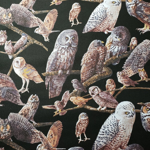 Variety of owls on black Fabric by the yard 100% cotton for clothing ,crafts and quilting ,  Remnant 42" x 6 "