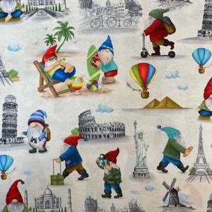 Gnome Traveler Fabric: World Landmarks, 100% Cotton