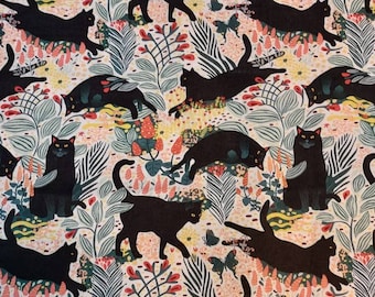 Black Cats Floral Fabric: Novelty Cotton Print