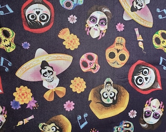 May include: A colorful fabric with a repeating pattern of characters from the movie Coco. The characters include Miguel, Hector, and Mama Imelda. The fabric also features sugar skulls, flowers, and musical notes. The background is a dark purple.