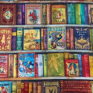 May include: A colorful fabric with a bookshelf design featuring a variety of classic children's books. The books have titles like "Jack and the Beanstalk", "Aesop's Fables", "Peter Pan", and "The Snow Queen".