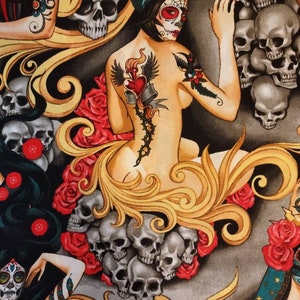 Alexander Henry &quot;Las Elegantes&quot; Day of the Dead In Rauch Stoff Schüttgut 100% Baumwolle für Kleidung, Kunsthandwerk und Quilten, B.T.Y. ,1/2