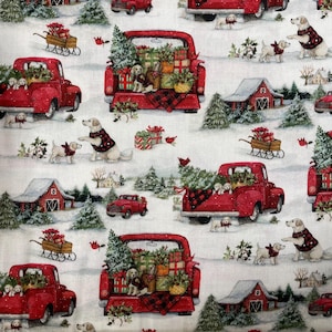 Susan Winget Christmas Dog Trucks Fabric: Holiday Quilting Cotton