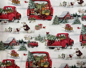 Susan Winget Christmas Dog Trucks Fabric: Holiday Quilting Cotton
