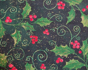 Christmas Holly Vine Fabric: Gold Metallic Scrollwork, 100% Cotton
