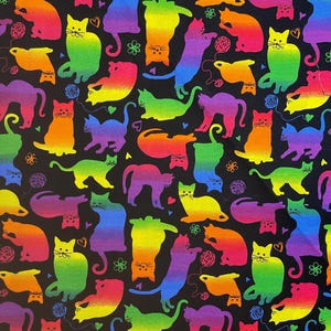 Rainbow Cat Fabric: Black Cotton Quilting Material