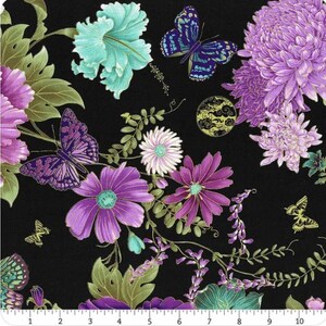 May include: Black floral fabric featuring purple, teal, and white flowers, green leaves, and butterflies. The design includes large, detailed blooms and delicate butterfly illustrations, creating a vibrant and detailed pattern.