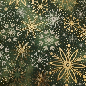 Green Foil Snowflakes Print Fabric: 100% Cotton Remnant (17&quot;)