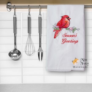 Red Cardinal Season&#39;s Greetings Embroidered Kitchen Towel 19&quot; x 28&quot; | Cotton Flour Sack Towel | Kitchen Decor | Wedding Gift | Housewarming