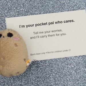 May include: A plush, tan-colored pocket pal with black eyes and pink cheeks rests beside a card. The card reads, "I'm your pocket pal who cares. Tell me your worries, and I'll carry them for you."