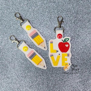 Back to School Pencil / Teacher Apple Love Vinyl Keychain | Key Fob | Backpack Charm | Zipper Pull | Luggage Tag | Embroidered Vinyl