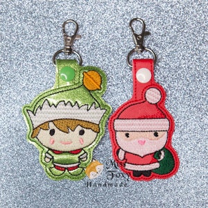 Santa Claus & Christmas Elf Vinyl Keychain | Key Fob | Backpack Charm | Purse Charm | Zipper Pull | Luggage Tag | Embroidered Vinyl