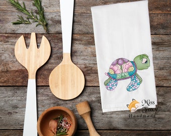 Lovely Cute Turtle Embroidered Kitchen Towel 19" x 28" | Cotton Flour Sack Towel | Kitchen Decor | Birthday | Wedding Gift | Housewarming