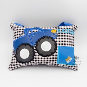 Oreiller de fée des dents Monster Truck bleu pick-up | Sac personnalisé | Oreiller de dent perdue | Accroche-porte de fée des dents | Poche à dents rembourrée en peluche