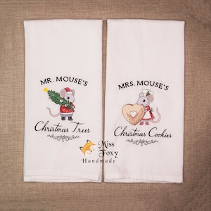 Mr and Mrs Mouse Christmas Tree Cookies Embroidered Kitchen Towel 19&quot; x 28&quot; | Cotton Flour Sack Towel | Kitchen Decor | |Housewarming