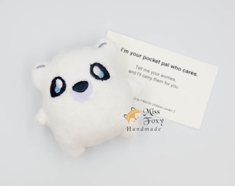 Polar Bear Worry Pet Plush – Mini Minky Pocket Pal, Embroidered Stress Relief Toy, Anxiety Support Gift, Emotional Support Plushie