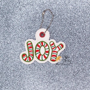 Peppermint JOY Christmas Candy Cane Vinyl Zipper Pull | Key Fob | Backpack Charm | Zipper Pull | Luggage Tag | Embroidered Vinyl