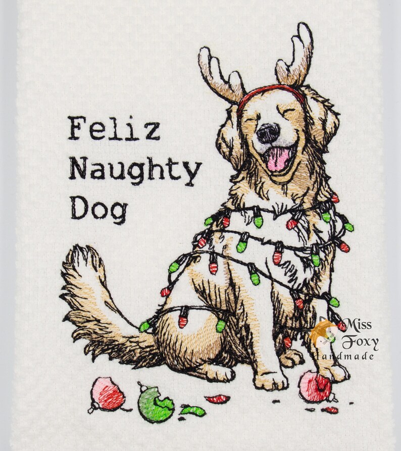 Feliz Naughty Dog Golden Retriever Doodle Christmas Embroidered Towel ...