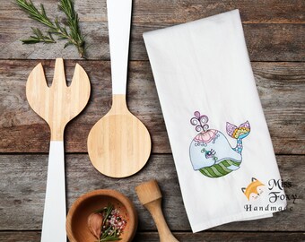 Lovely Cute Whale Embroidered Kitchen Towel 19" x 28" | Cotton Flour Sack Towel | Kitchen Decor | Birthday | Wedding Gift | Housewarming