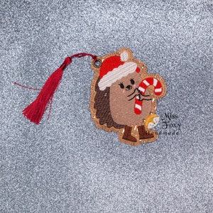 Ouriço de Natal com marcador de vinil Candy Cane com borla | Presente para amantes de livros | Bibliotecário | Professor | Jovem Leitor | Vinil bordado