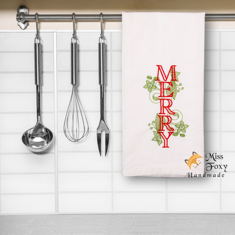 Christmas with Mistletoe Embroidered Kitchen Towel 19 x 28 Housewarming Christmas Holiday Gift Flour Sack Towel Kitchen Decor
