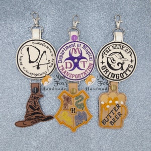 Wizard Magic School Badge Theme Hat Beer Vinyl Keychain | Key Fob | Backpack Charm | Zipper Pull | Luggage Tag | Embroidered Vinyl