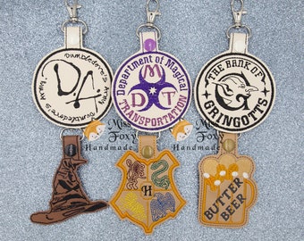 Wizard Magic School Badge Theme Hat Beer Vinyl Keychain | Key Fob | Backpack Charm | Zipper Pull | Luggage Tag | Embroidered Vinyl