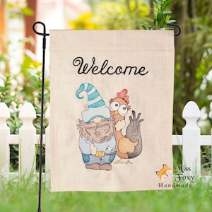 Farmhouse Gnome with Chicken Best Buddy Welcome Garden Flag Sign Embroidered House Warming Gift Welcome Fall Thanksgiving