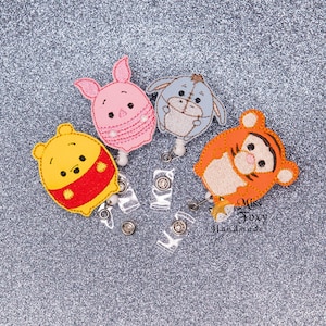 Honey Bear & Friends Vinyl Leather Feltie Badge Reel | Retractable ID Badge | RN Nurse Medical Badge Holder | School ID Badge | Warehouse