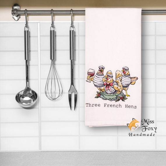 Three French Hens Christmas Wine Embroidered Kitchen Towel Etsy
