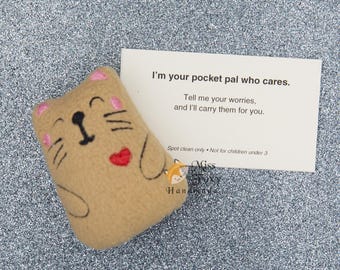 Happy Cat Worry Pet Plush – Mini Minky Pocket Pal, Embroidered Stress Relief Toy, Anxiety Support Gift, Emotional Support Plushie