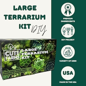 May include: A box for a large terrarium DIY kit from Cute Farms. The box features a succulent design and the text "Large Terrarium Kit DIY". The box is green and black. The text "Just add your own plants & container" is on the bottom of the box.