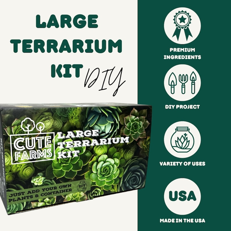 May include: A box for a large terrarium DIY kit from Cute Farms. The box features a succulent design and the text "Large Terrarium Kit DIY". The box is green and black. The text "Just add your own plants & container" is on the bottom of the box.