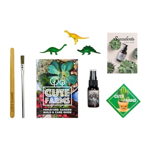 May include: A miniature succulent garden kit with a green and yellow dinosaur, a small bottle of plant food, a paintbrush, a wooden stick, and a guide book with the text "Cute Farms Miniature Garden Build & Care Guide".