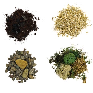 May include: Four different types of soil and decorative materials for a terrarium.  The materials include brown soil, white gravel, gray rocks, and green and brown moss.