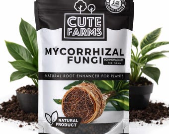 May include: A black and white bag of Cute Farms Mycorrhizal Fungi, a natural root enhancer for plants. The bag features the text "Cute Farms", "Mycorrhizal Fungi", and "Natural Product". The net weight is 8 oz.