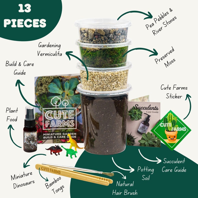 May include: A terrarium kit with 13 pieces, including a glass jar, soil, pea pebbles, river stones, preserved moss, a succulent care guide, a plant food bottle, a miniature dinosaur, bamboo tongs, a natural hair brush, and a build and care guide. The kit is labeled "Cute Farms Miniature Garden Build & Care Guide".