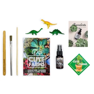 Pu&ograve; includere: Un kit da giardino in miniatura a tema "Cute Farms". Include una guida, strumenti, un flacone spray e figurine di dinosauri. Il kit presenta un giardino di piante grasse, con una guida alla cura e un adesivo con un cactus.
