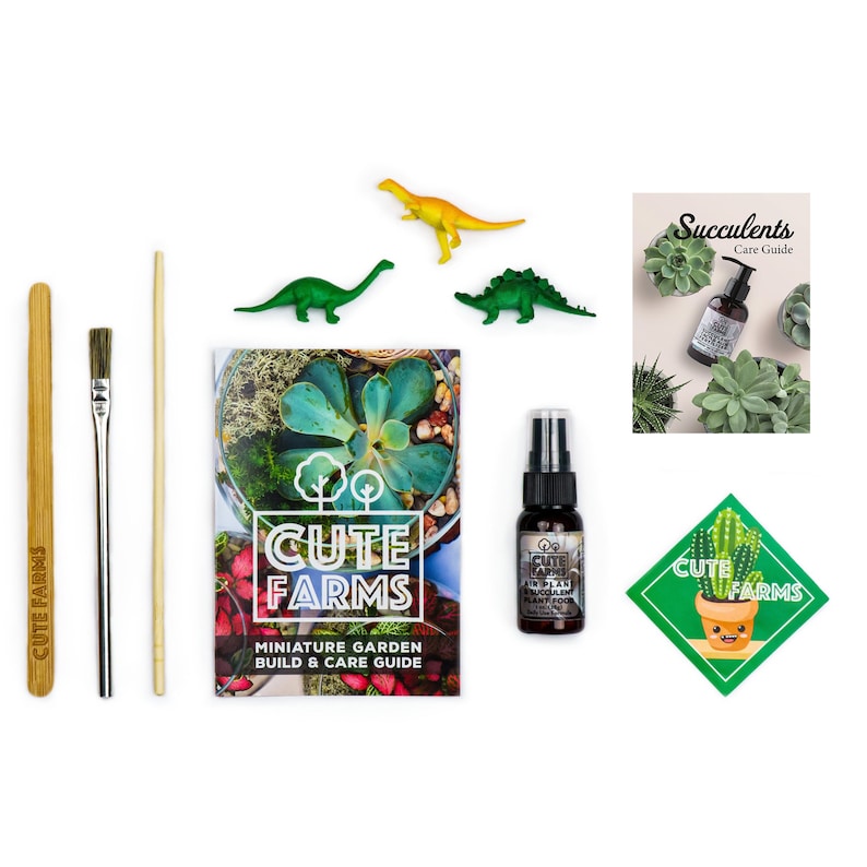 Pu&ograve; includere: Un kit da giardino in miniatura a tema "Cute Farms". Include una guida, strumenti, un flacone spray e figurine di dinosauri. Il kit presenta un giardino di piante grasse, con una guida alla cura e un adesivo con un cactus.