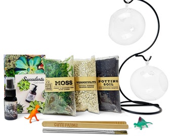 Terrarium Starter Kit DIY with Two Hanging Glasses and "S" Type Terrarium Hanger - Gift Set