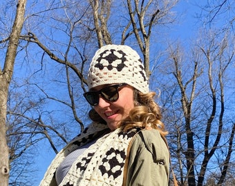White Beanie Granny Square Crocheted, Black Winter Cotton Hand Knit Caps, Patchwork Hippie Hat, Handmade Unisex Gift, Gift for Boyfriend
