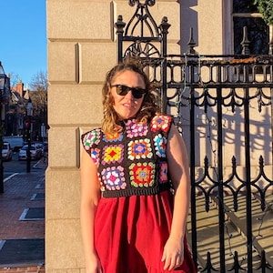 Hand Knit Crop Top for Women, Knit Sweater, Colorful Afghan Sweater, Granny Square Retro Sweater, Handmade Gift for Her, Mom, Christmas Gift