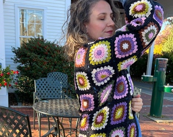 Black Granny Square Cardigan, Colorful Boho Coat, Patchwork Hippie Jacket, Crochet Afghan Handmade Sweater, Plus Size Coat, Gift for Her,Mom