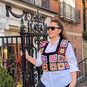 Crop Top Vest for Women, Colorful Patchwork Sweater, Granny Square Waistcoat, Afghan Retro Vest, Cotton Crochet Vest, Handmade Gift for Her