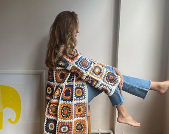 Clear Long Crocheted Cardigan, Orange Cotton Knit Coat, Patchwork