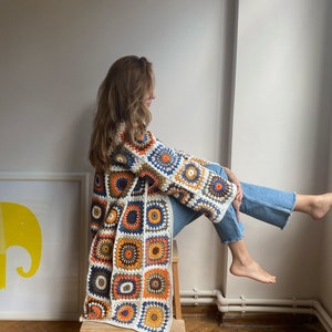 Clear Long Crocheted Cardigan Orange Cotton Knit Coat Patchwork Hippie Granny Square Jacket Boho Women Spring Sweater Gift for Her Mom Etsy